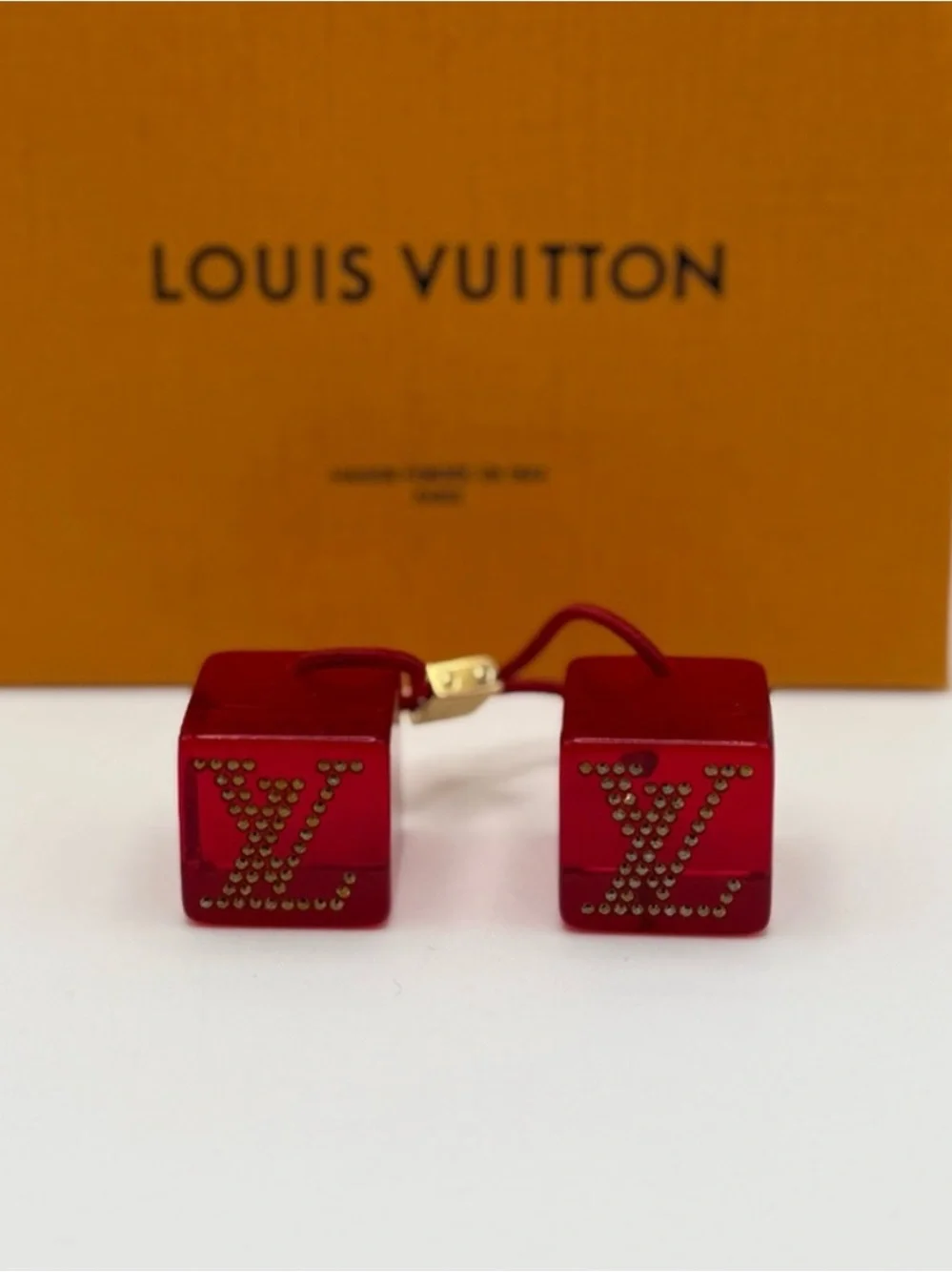 Louis Vuitton Red Logo Cube Hair Tie with Gold Accents - Picture 3 of 10